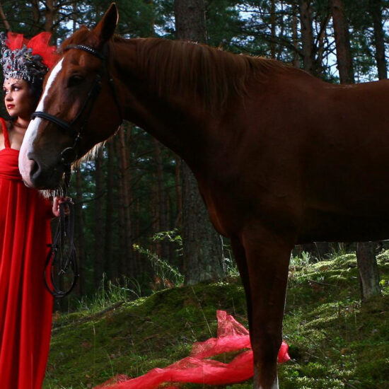 Photo session with a beautiful woman with brown horse in the Vesuvius National Park