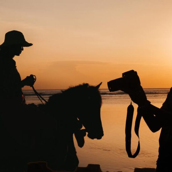 Silhouette of young woman riding on a Horseback at the beach during golden colorful sunset near sea