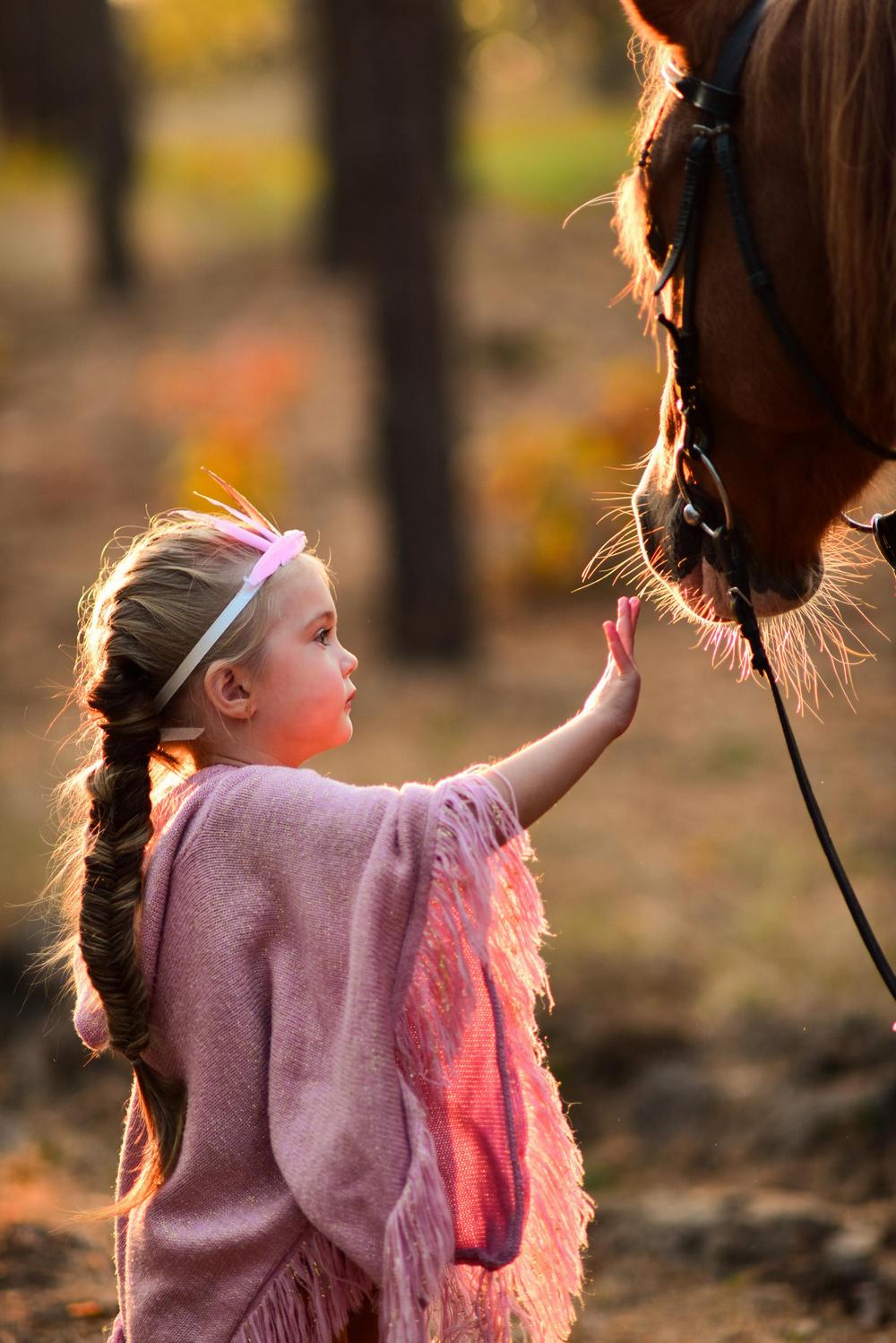Charming little girl dressed like a princess stands with a horse in the autumn Naples forest