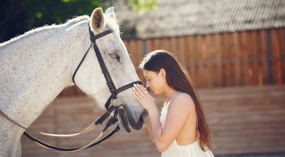 Elegant girl in a long white dress. Lady with horse